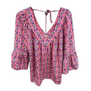 Alice & Trixie Women's Silk Blouse L Standard Multicolor Geometric V-Neck‎